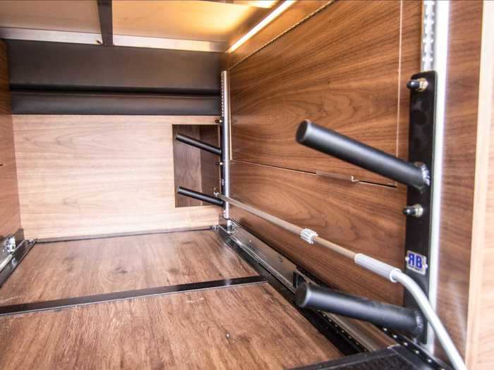 This natural light accompanies the three lighting zones inside the van, including dimmable lights on the ceiling and above the cabinet.
