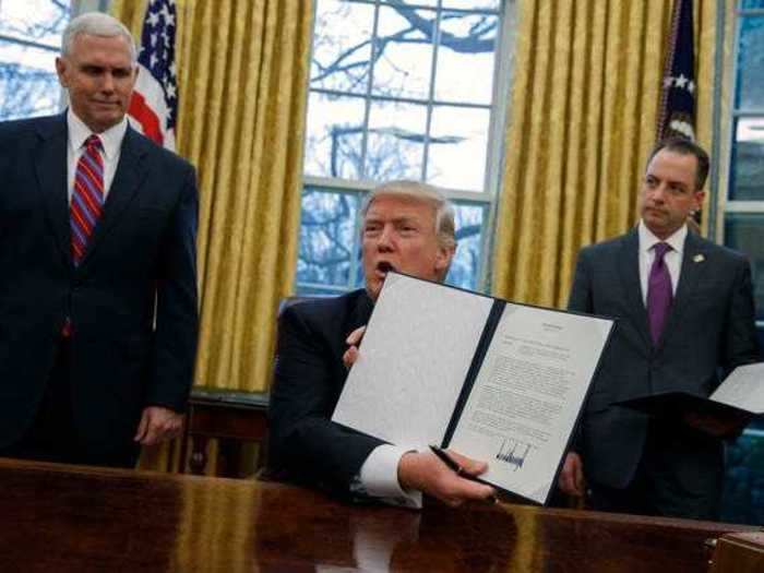 Trump signed 90 executive actions during his first 100 days in office. Some of his more controversial orders, like the travel ban, drew hundreds of thousands of people to protest. That action was ultimately held up by the Supreme Court.