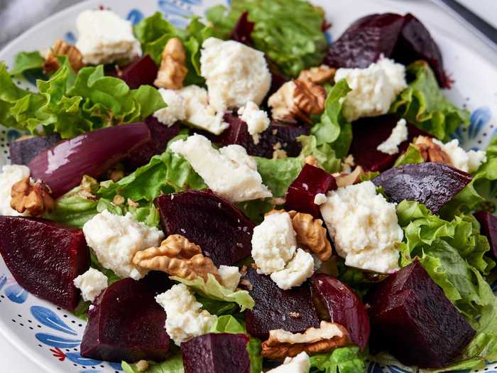 Beet and goat cheese salad is a great sweet and savory dish.