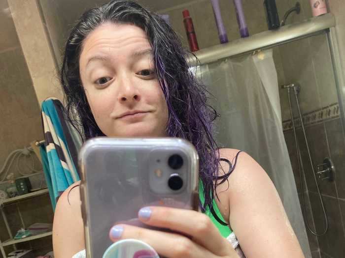 When my 30 minutes was up, it was time to shower. Manic Panic recommends washing out the dye with cold water, so I rocked a bathing suit and tried to keep my body out of the ice cold shower stream as much as possible.