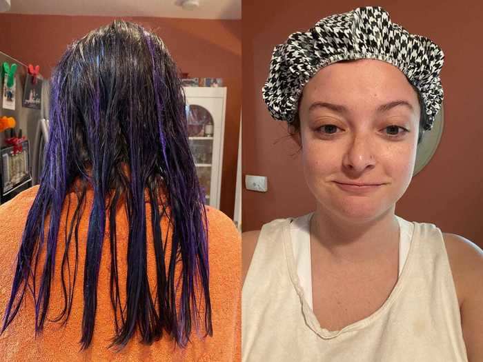 After around 15 minutes and almost an entire jar of dye, it was time to put my hair up in  a shower cap and let it sit for 30 minutes.