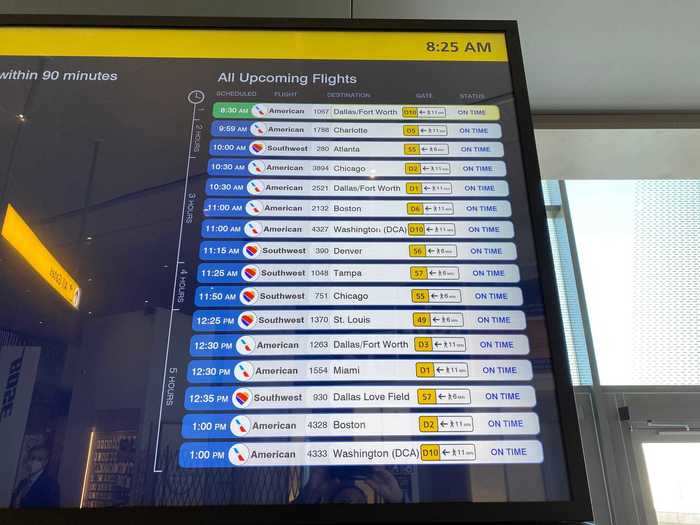 The signs also tell passengers how long of a walk it is to the gate from where they are standing. Each sign gives a different walking time depending on where in the gate is located.