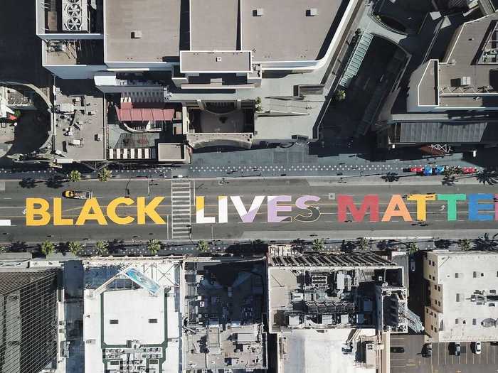 On Hollywood Boulevard, the words "All Black Lives Matter" were painted in massive rainbow letters across the street to reflect the importance of uplifting the voices of Black LGBTQ+ individuals.