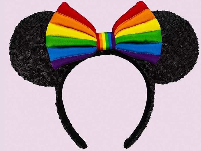 In place of her signature polka dots, these Minnie Mouse ears come with a rainbow-colored bow.