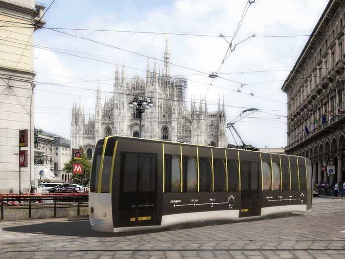 In one rendering, he placed the Passerella in the Piazza del Duomo in Milan, showing how the design would fit into the city.