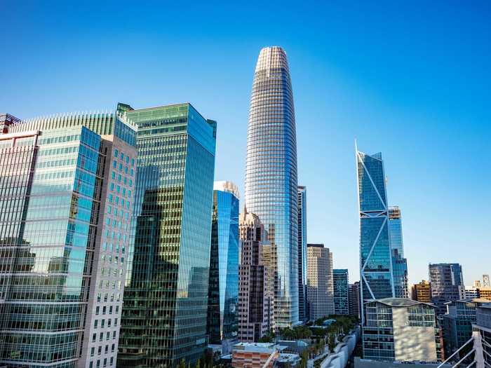 Salesforce Tower in San Francisco, California, is the second-tallest building west of the Mississippi River at 1,070 feet.