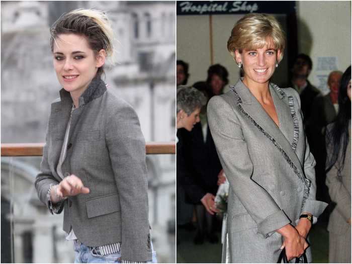 Diana had been pictured in numerous gray blazers and coats throughout her time in the spotlight, and Stewart appeared to be inspired by this look at a photo call for "Charlie