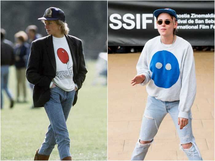 Diana had a casual side to her too, and she demonstrated this with a loose shirt, jeans, and a baseball cap in this photo. Stewart emulated the look at a film festival in Spain.