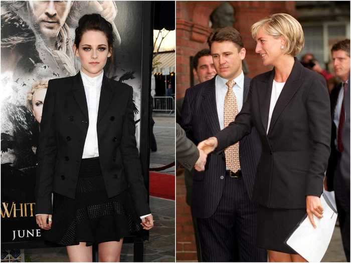 Stewart wore a black suit jacket and skirt by Stella McCartney to a screening of "Snow White and the Huntsman" in 2011. It bore a striking resemblance to this outfit worn by Diana during her visit to The Royal Geographical Society in London in 1997.