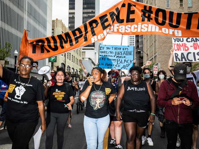 Outside the rally, hundreds of protesters marched against Trump.