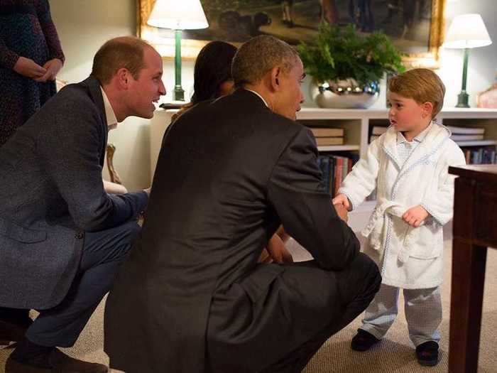 William taught George manners from a young age. Here he is shaking hands with former US President Barack Obama.