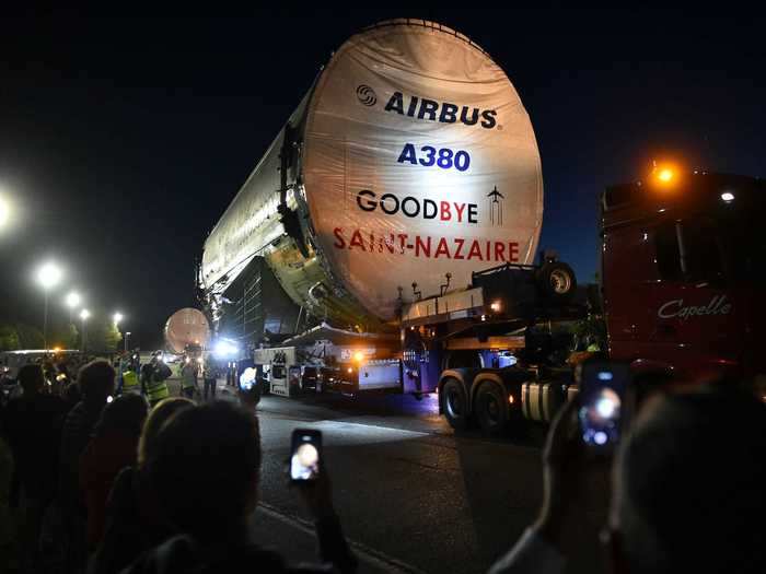 A crowd would typically form to see the A380 convoy, which only proceeds at night through Levignac, but the June 17 convoy was special as it was the last one ever.