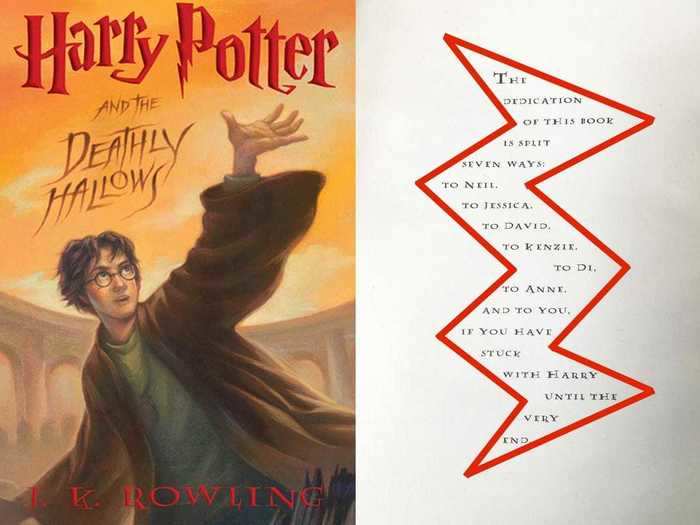 Last but not least, the dedication of "Deathly Hallows" is formatted into the shape of a lightning bolt.