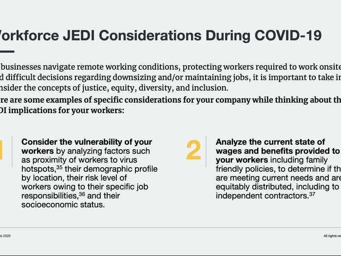 In a new report, titled "Business Action for Justice, Equity, Diversity & Inclusion (JEDI) During COVID-19," analysts at B Lab outlined specific ways companies can promote justice, equity, diversity, and inclusion (what they abbreviate as "JEDI") during the coronavirus pandemic.