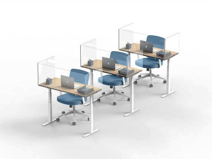 One company offering clear desk shields is Poppin, whose dividers range in price from $229 to $389 and come in various sizes.