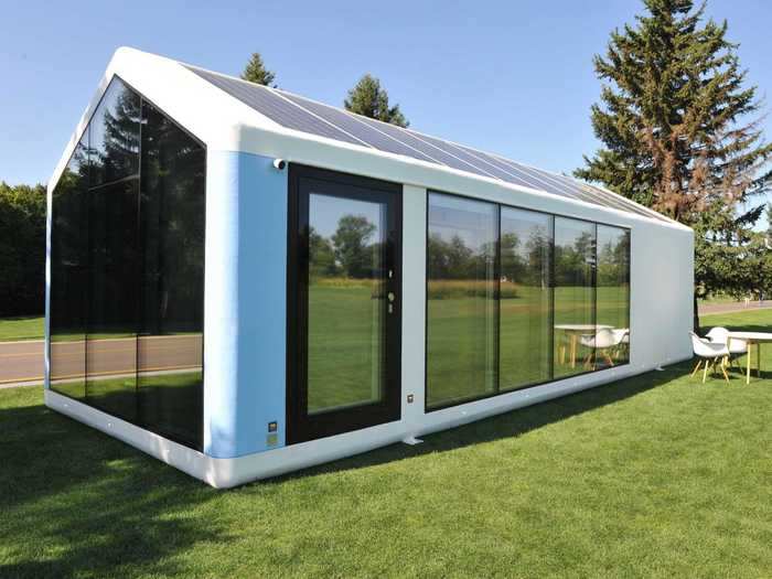 The Haus comes with a water tank, solar energy battery storage, and autonomous sewage, so the structure can be set up on any flat piece of land.