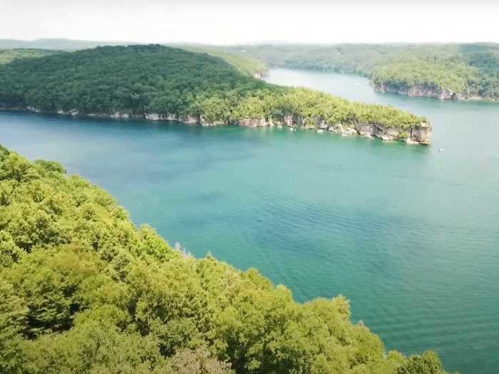 Summersville Lake in Nicholas County, West Virginia, is surrounded by rolling green hills.