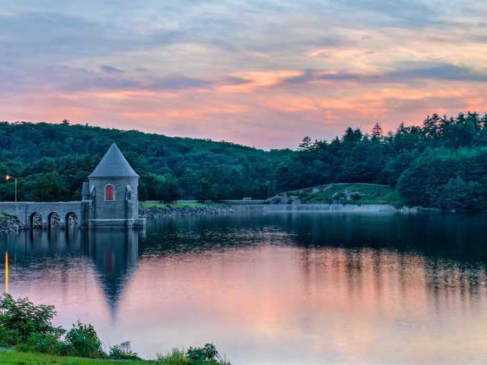 The lake formed by the Saville dam in Barkhamsted, Connecticut, is very picturesque.