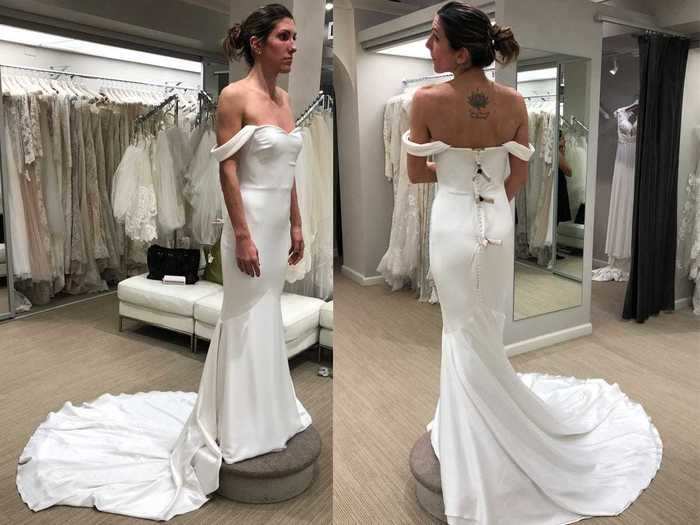 Sarah tried on this off-the-shoulder trumpet gown at her mother