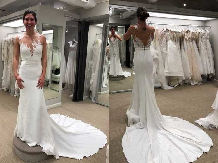 The first dress Sarah tried on was a trumpet gown with mesh detailing at the top.