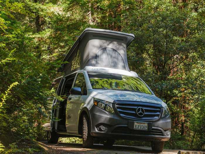 The van can seat and sleep four people with the help of its pop-top roof.