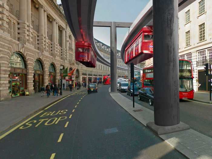 The overhead monorail would have stretched across central London, while buses remained on the outskirts.