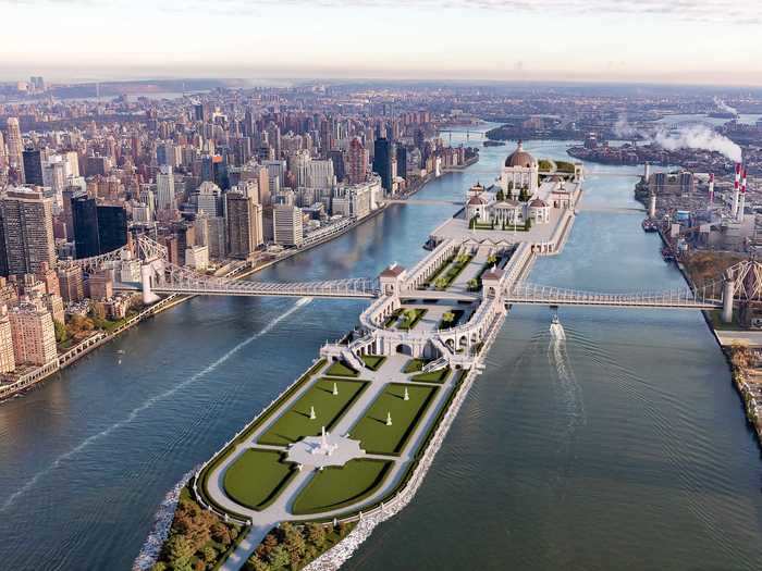 The Roosevelt Island Civic Center would have been super ornate, and would have included an elaborate municipal building.