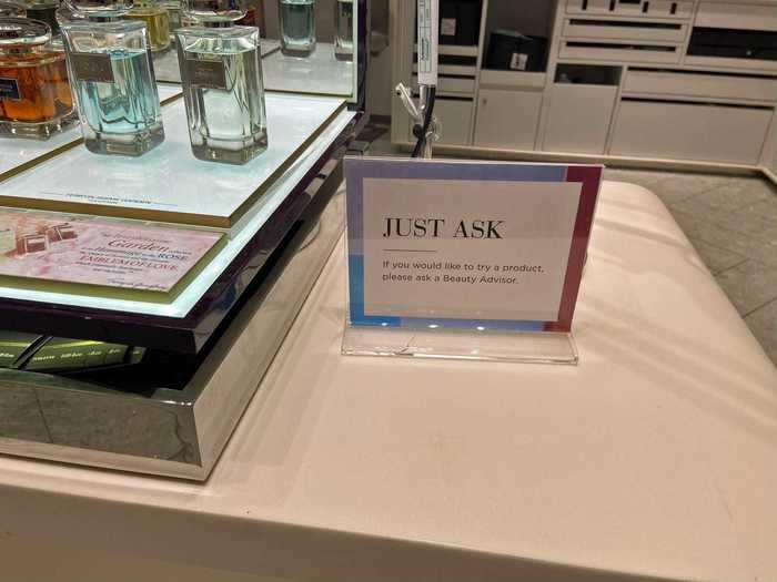 The first thing I noticed was that the beauty department no longer offers testing and sampling. Instead, customers can ask a sales associate to work one-on-one with a product of interest.