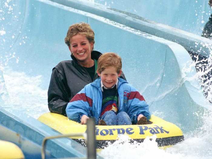 Princess Diana also let her hair down on a fun trip with William and Harry to Thorpe Park amusement park in 1993.