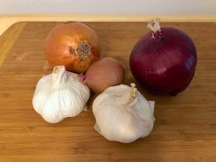 I always have fresh alliums — garlic, onions, and shallots — around.