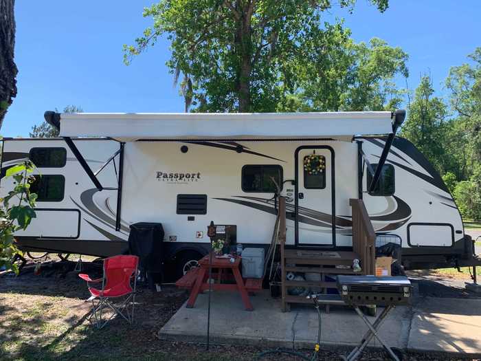 The camper is big enough to sleep eight people but is still small and crowded.