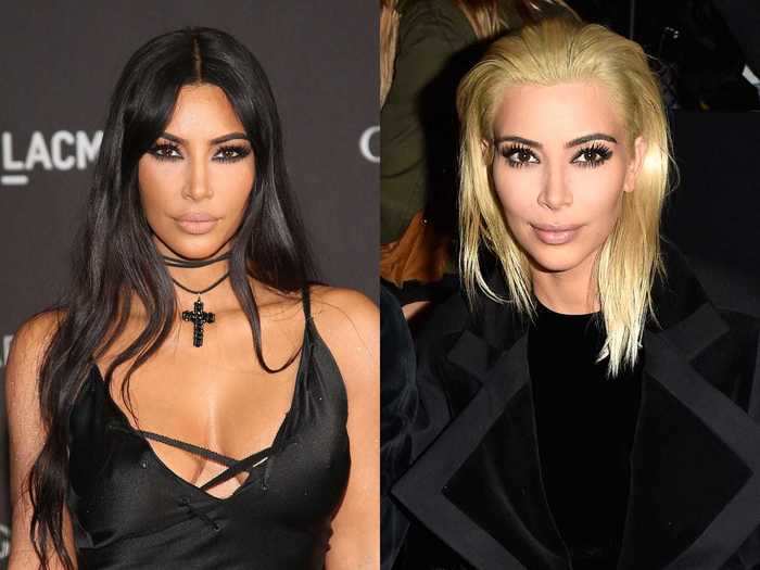 Kim Kardashian, along with the rest of her famous family, is no stranger to wigs, but she dyed her hair platinum (for the first time) in March 2015.