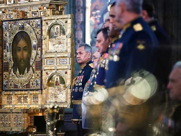 On the left is Defense Minister Sergei Shoigu at the consecration. When the project was announced in 2018, he said the steps would be made from "German trophy hardware," according to The Times.