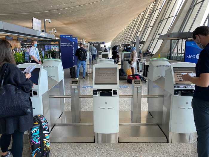 Middle kiosks were also blocked at check-in.