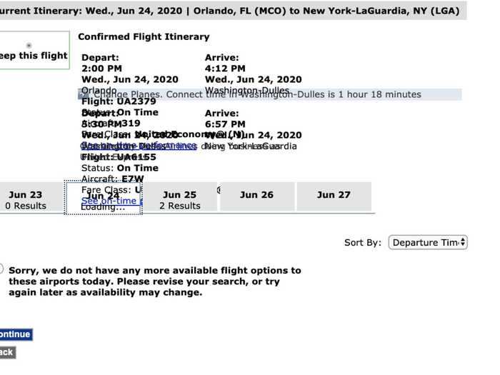 I was given the option to depart from any Orlando area airport and arrive at any New York area airport but there were no flights available until the next day at 3 p.m.