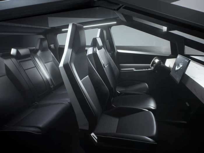 The typically minimalist Tesla interior seats six. Like all Teslas the center of the action is a large dashboard touchscreen — 17 inches for the Cybertruck. The Cybertruck should also join Tesla