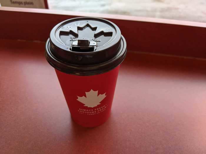 The hot coffee at Tim Hortons was super hot when it came out. Once it cooled, it was easy to drink: not too strong, smooth, maybe a touch watery. A solid cup, but nothing to write home about.