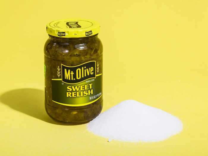 A 16-ounce jar of Mt. Olive sweet relish contains around half a cup of sugar.