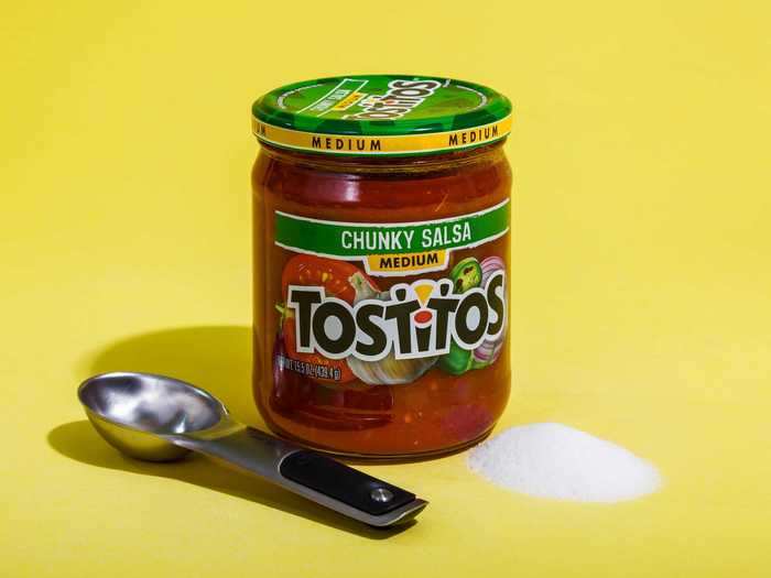 There is about 1 tablespoon of sugar in a 15.5-ounce jar of Tostitos chunky medium salsa.