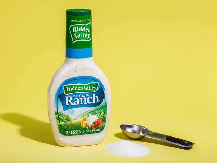 A 16-ounce bottle of Hidden Valley Ranch dressing contains 1.25 tablespoons of sugar.