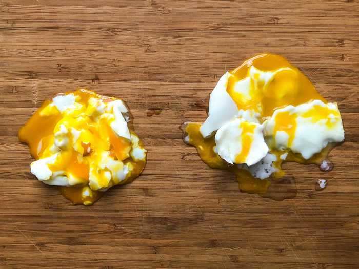 Lastly, I tried starting the eggs in boiling water, turning off the heat right after I dropped them in, and let them sit covered. Sitting for just five minutes caused an egg explosion.