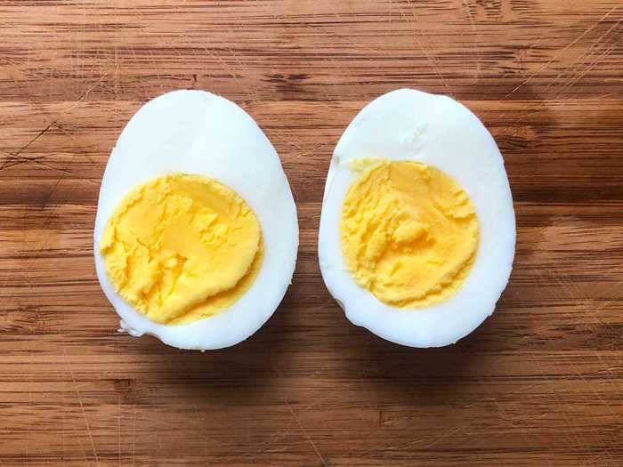 For the next method, I started the eggs in a pot of cold water, brought it to a boil, covered the pot, and removed from the heat. Letting the eggs sit in the pot for five minutes after taking it off the heat cooked them rather thoroughly.