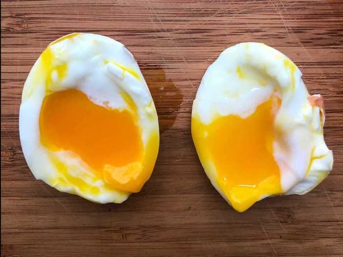 For the first method, I dropped the eggs in boiling water, reduced the heat, and let them simmer. After five minutes of simmering, the eggs were runny.