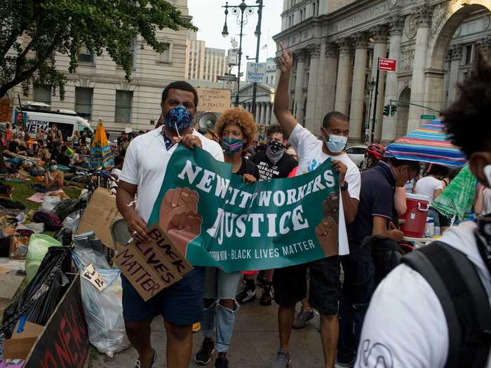 The zone has also become a meeting place for other marchers coming from Manhattan and Brooklyn, who come to engage with other protesters and pick up supplies.