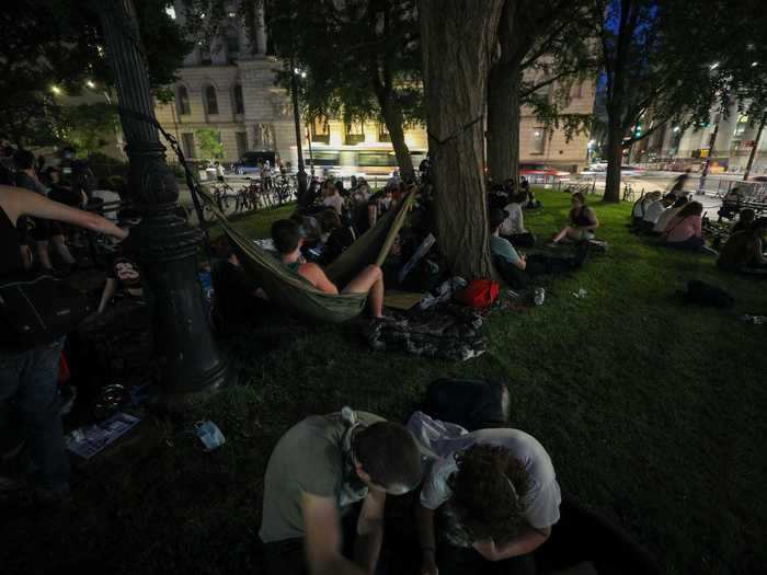 Hundreds of protesters have set up makeshift areas to sleep with sleeping bags, hammocks, and tents.