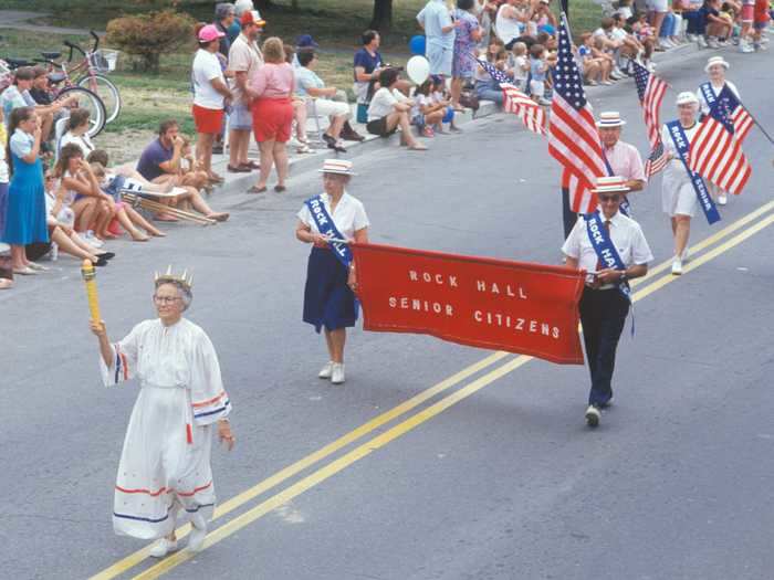 Pictured in Rock Hall, Maryland, in 1991, senior citizens participate in a Fourth of July parade.