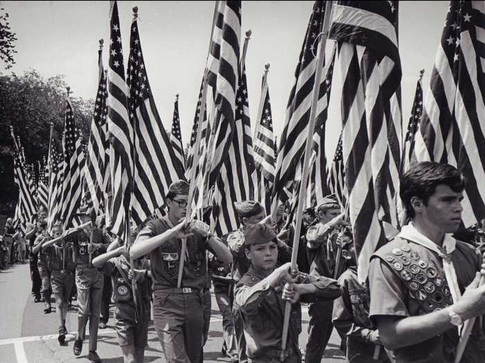 The Boy Scouts of America often perform in Fourth of July parades, as seen in the 1970 shot below.