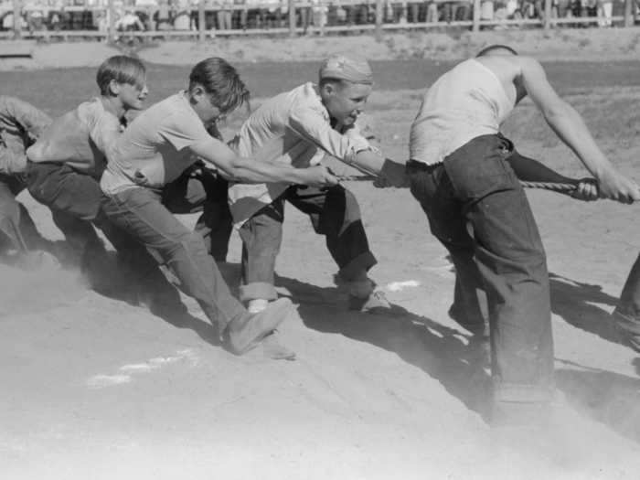 Tug-of-war games have been a popular holiday pastime, as seen in this 1941 photo taken in Vale, Oregon.