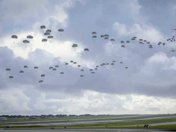 The paratroopers flew in US Air Force C-17 Globemaster III transport aircraft, gearing up for the jump en route.