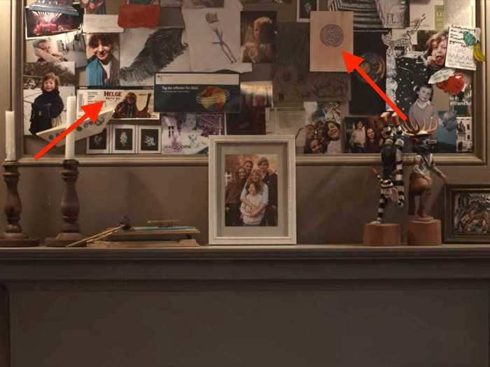 The Nielsen kitchen wall of papers and photos has a maze/labyrinth pattern, and a ticket that says "Helge" on it.